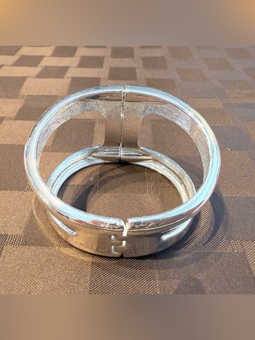 Silver Tone 2" Wide Modernist H Cutout Chunky Hinged
Bangle Bracelet - Picture 3 of 15